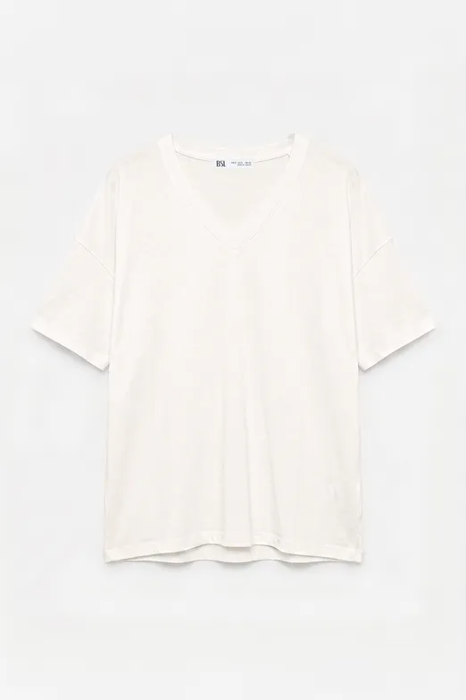 Bayan Ekru V Yaka Basic Tshirt - BSL