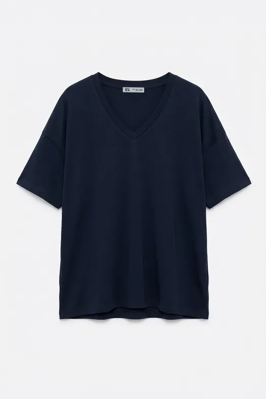 Bayan Lacivert V Yaka Basic Tshirt - BSL