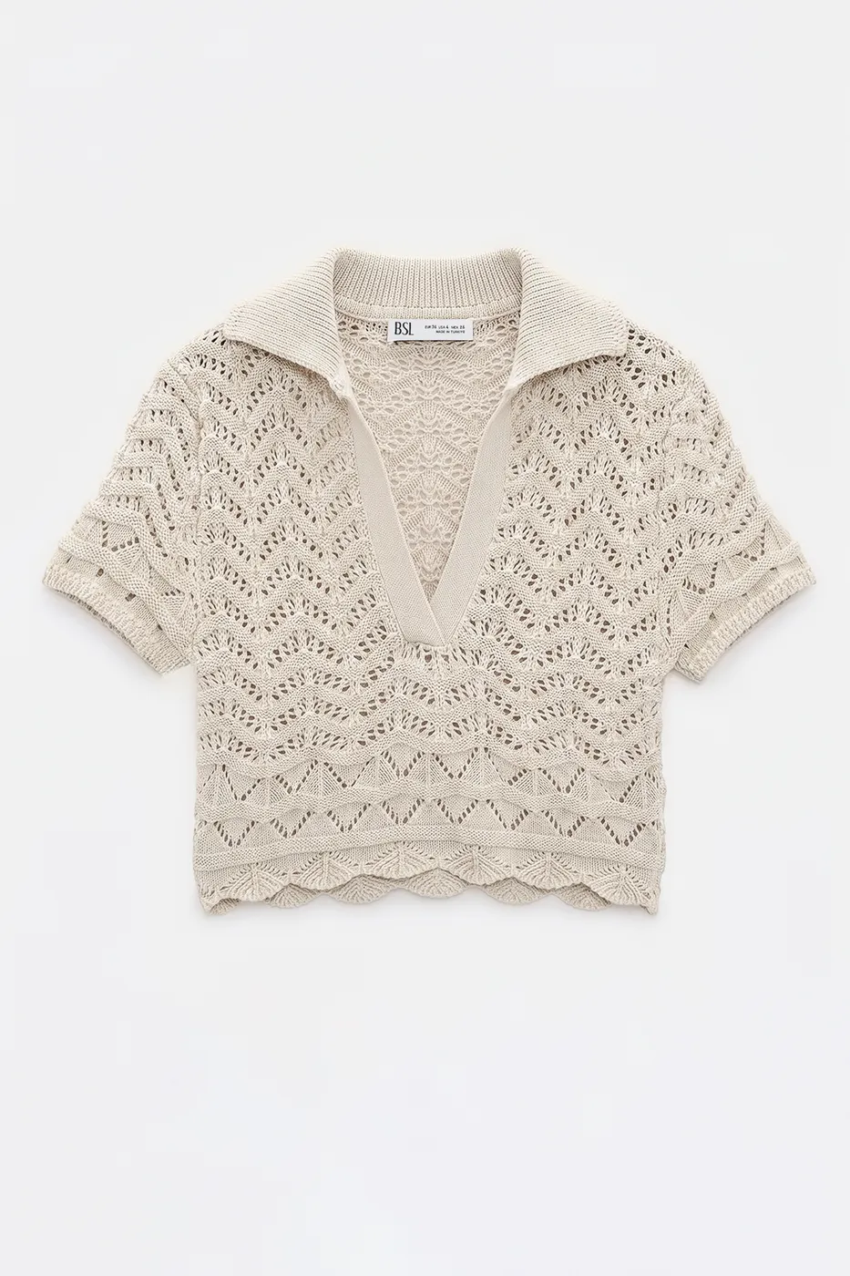 Bayan Bej Ajur Örgü Polo Yakalı Crop Bluz