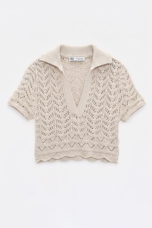 Bayan  Ajur Örgü Polo Yakalı Crop Bluz