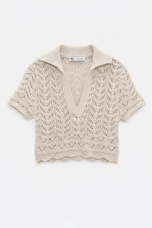 Bayan Bej Ajur Örgü Polo Yakalı Crop Bluz - BSL