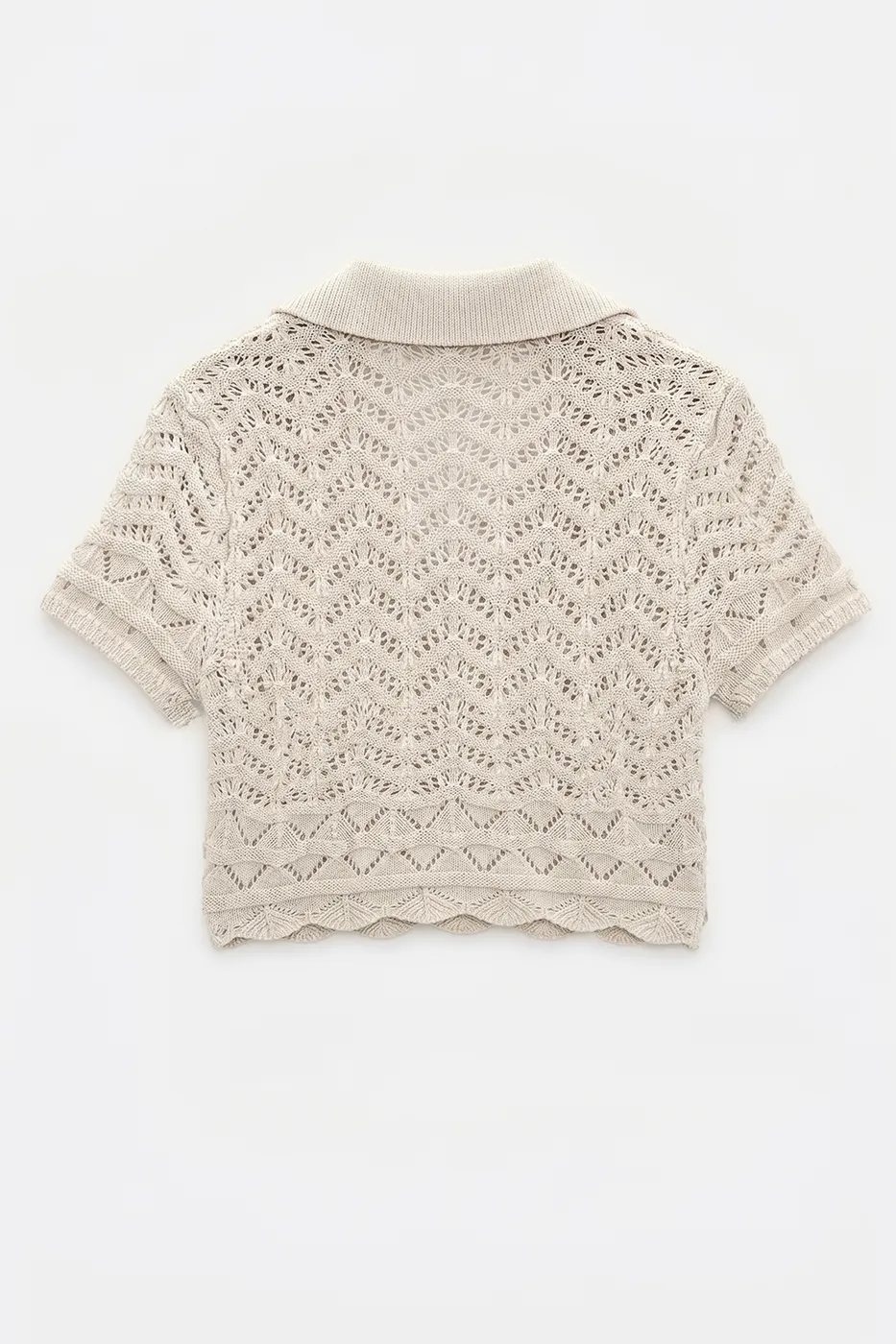Bayan Bej Ajur Örgü Polo Yakalı Crop Bluz