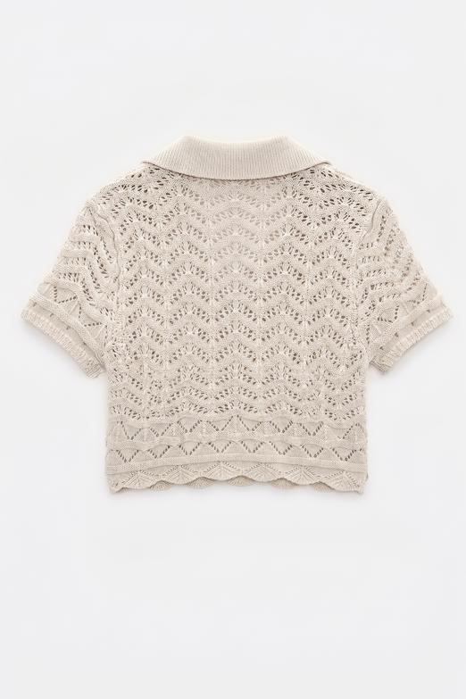 Ajur Örgü Polo Yakalı Crop Bluz