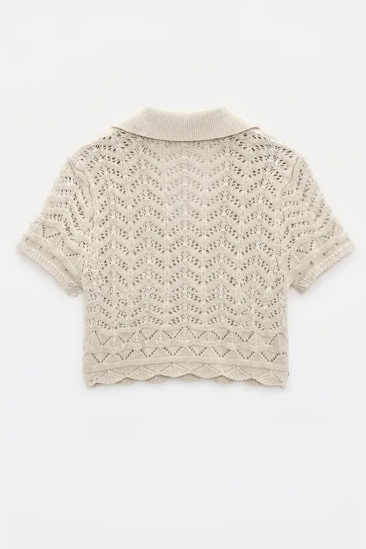 Bayan Bej Ajur Örgü Polo Yakalı Crop Bluz - BSL