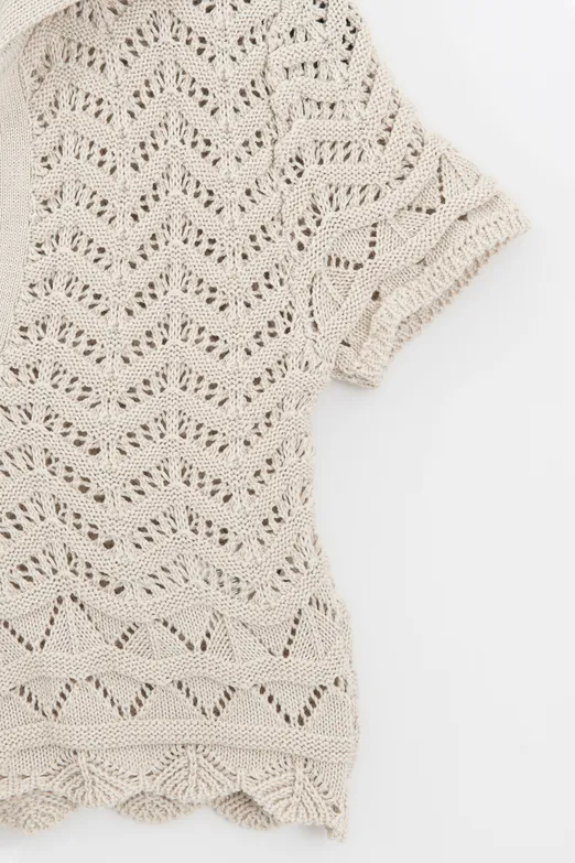 Bayan Bej Ajur Örgü Polo Yakalı Crop Bluz - BSL