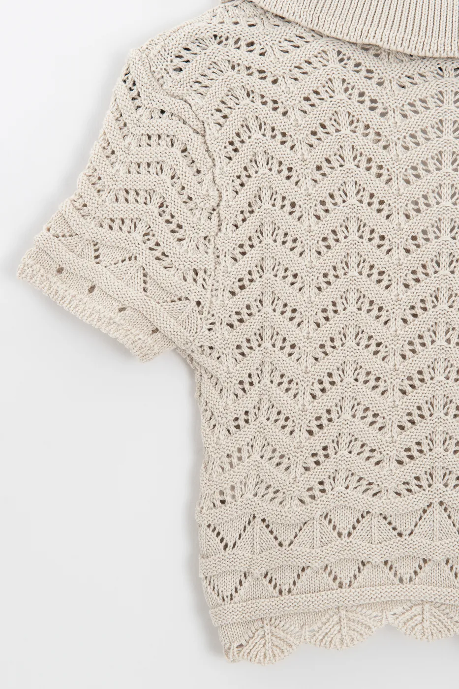 Bayan Bej Ajur Örgü Polo Yakalı Crop Bluz