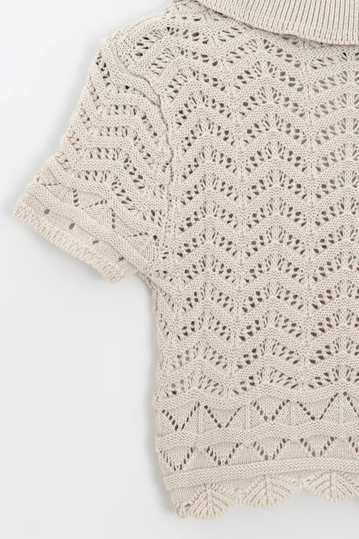 Bayan Bej Ajur Örgü Polo Yakalı Crop Bluz - BSL