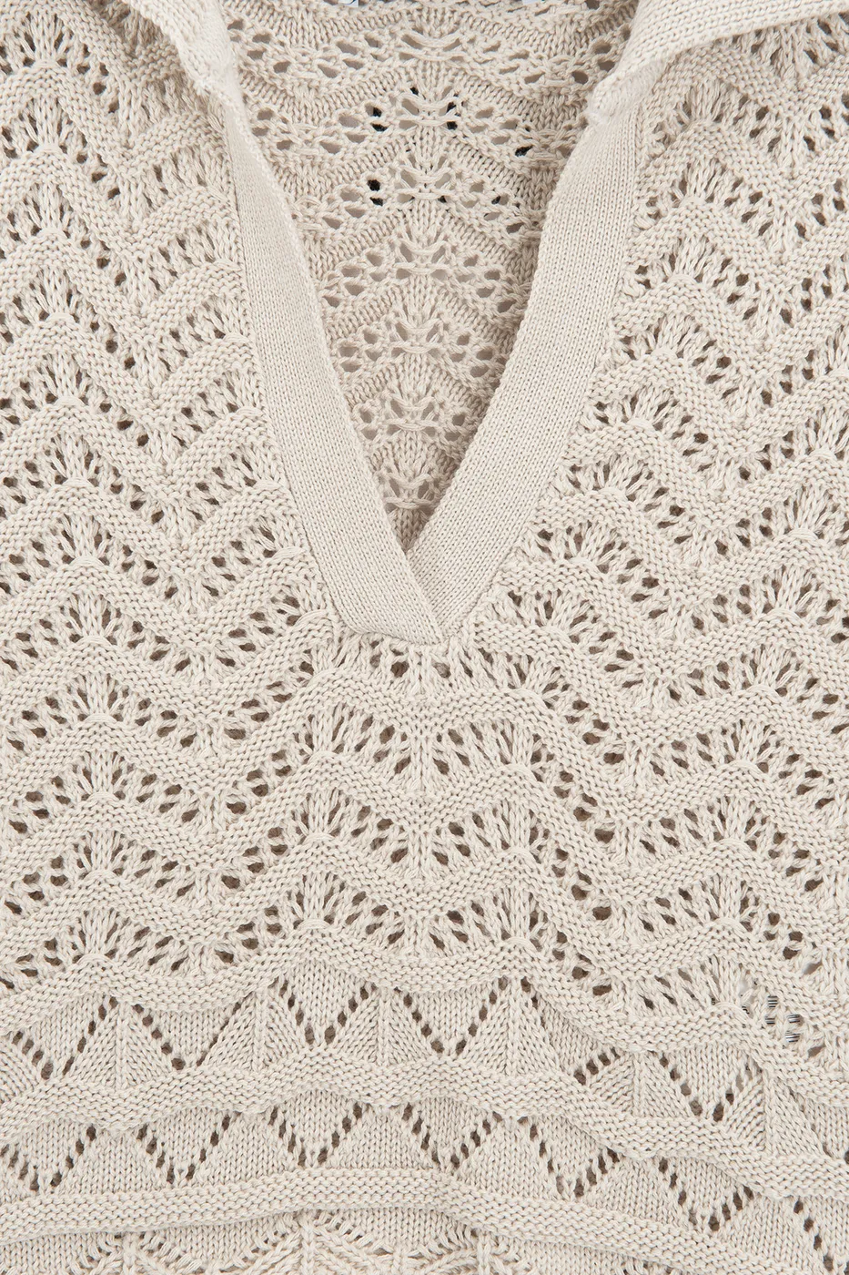 Bayan Bej Ajur Örgü Polo Yakalı Crop Bluz
