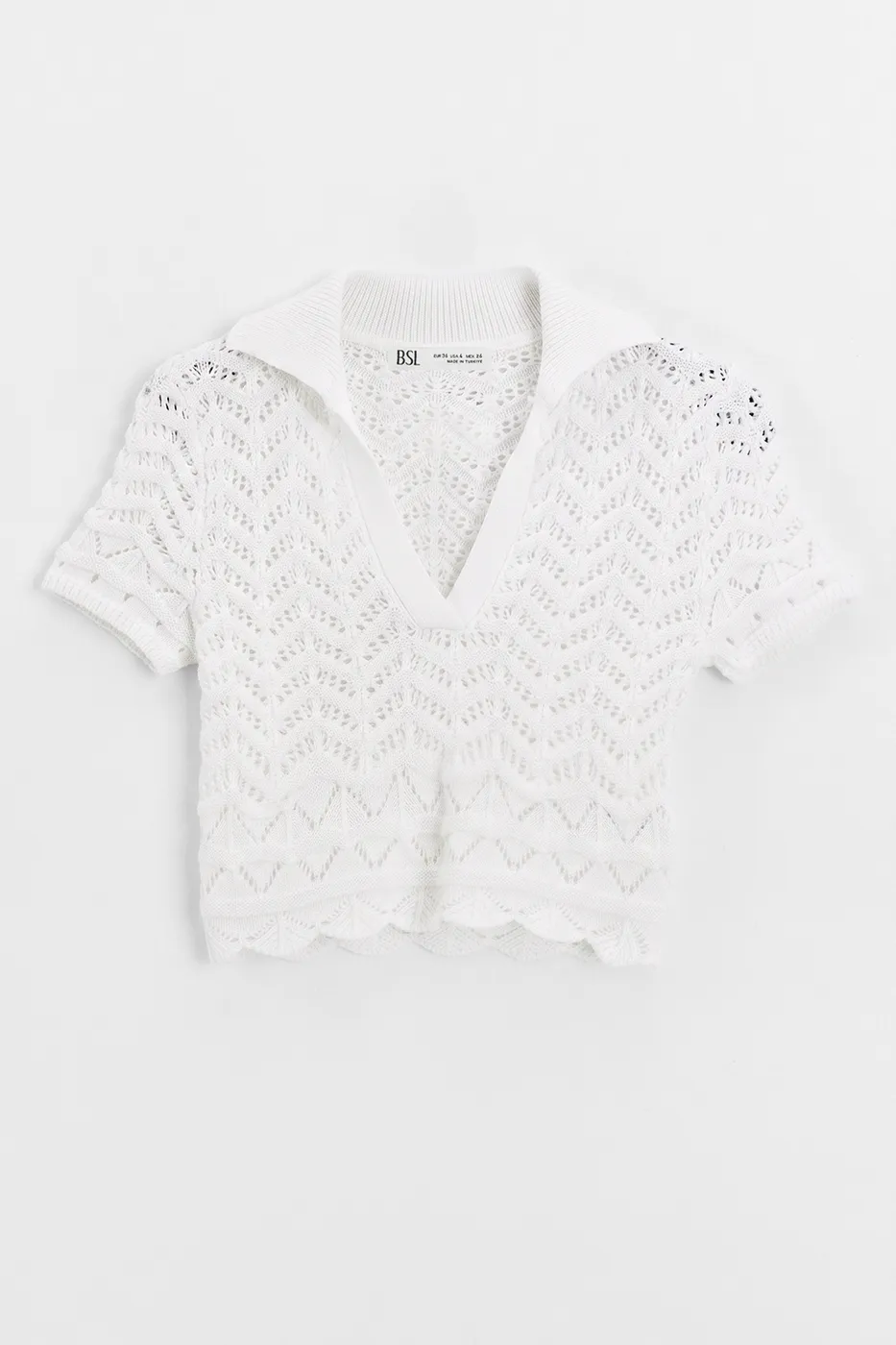 Bayan Beyaz Ajur Örgü Polo Yakalı Crop Bluz