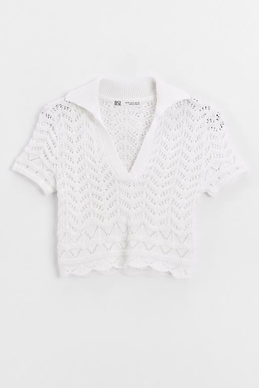 Bayan  Ajur Örgü Polo Yakalı Crop Bluz