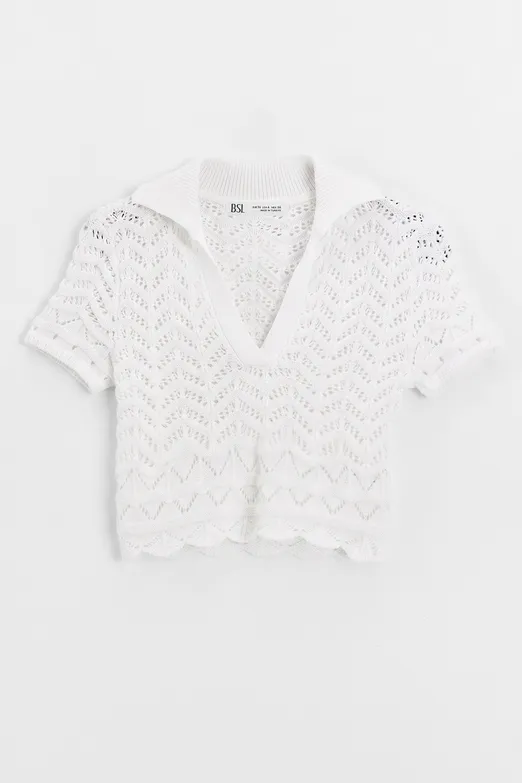 Bayan Beyaz Ajur Örgü Polo Yakalı Crop Bluz - BSL
