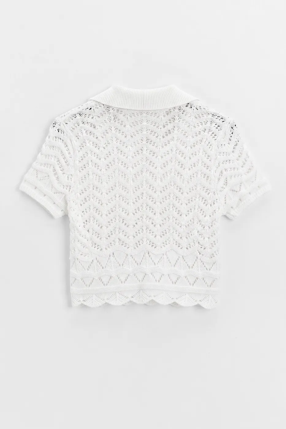 Bayan Beyaz Ajur Örgü Polo Yakalı Crop Bluz
