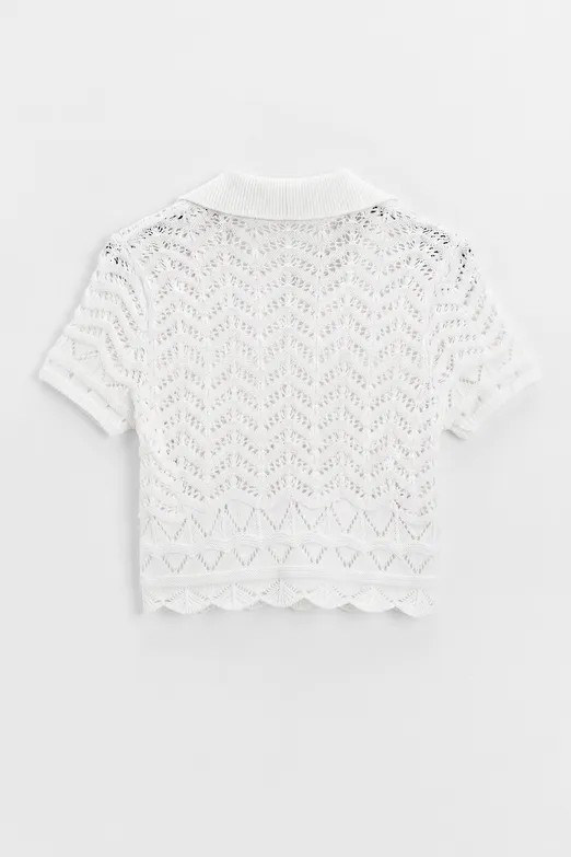 Bayan Beyaz Ajur Örgü Polo Yakalı Crop Bluz - BSL
