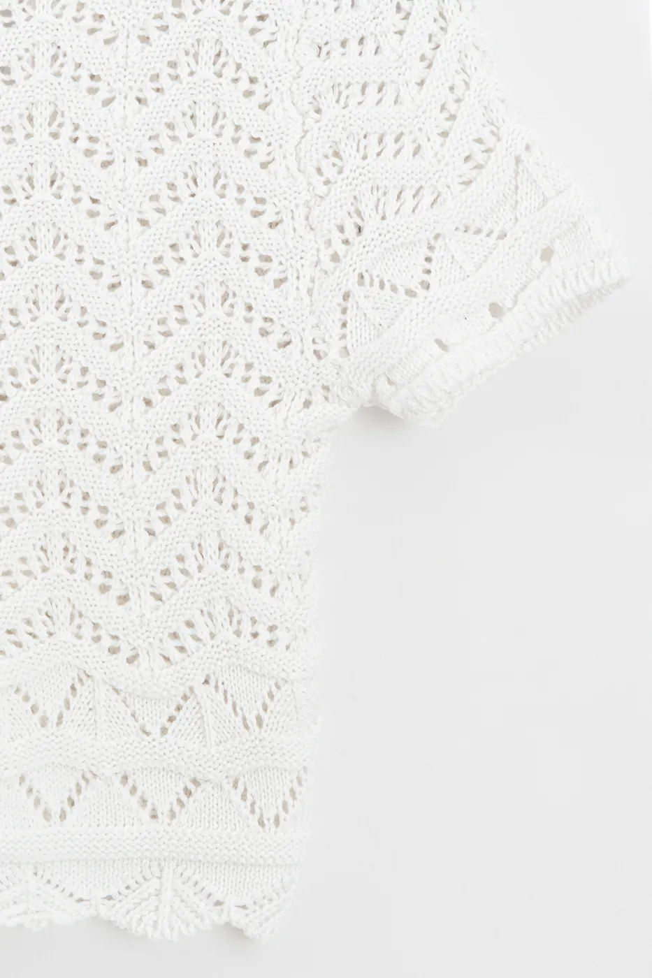 Bayan Beyaz Ajur Örgü Polo Yakalı Crop Bluz