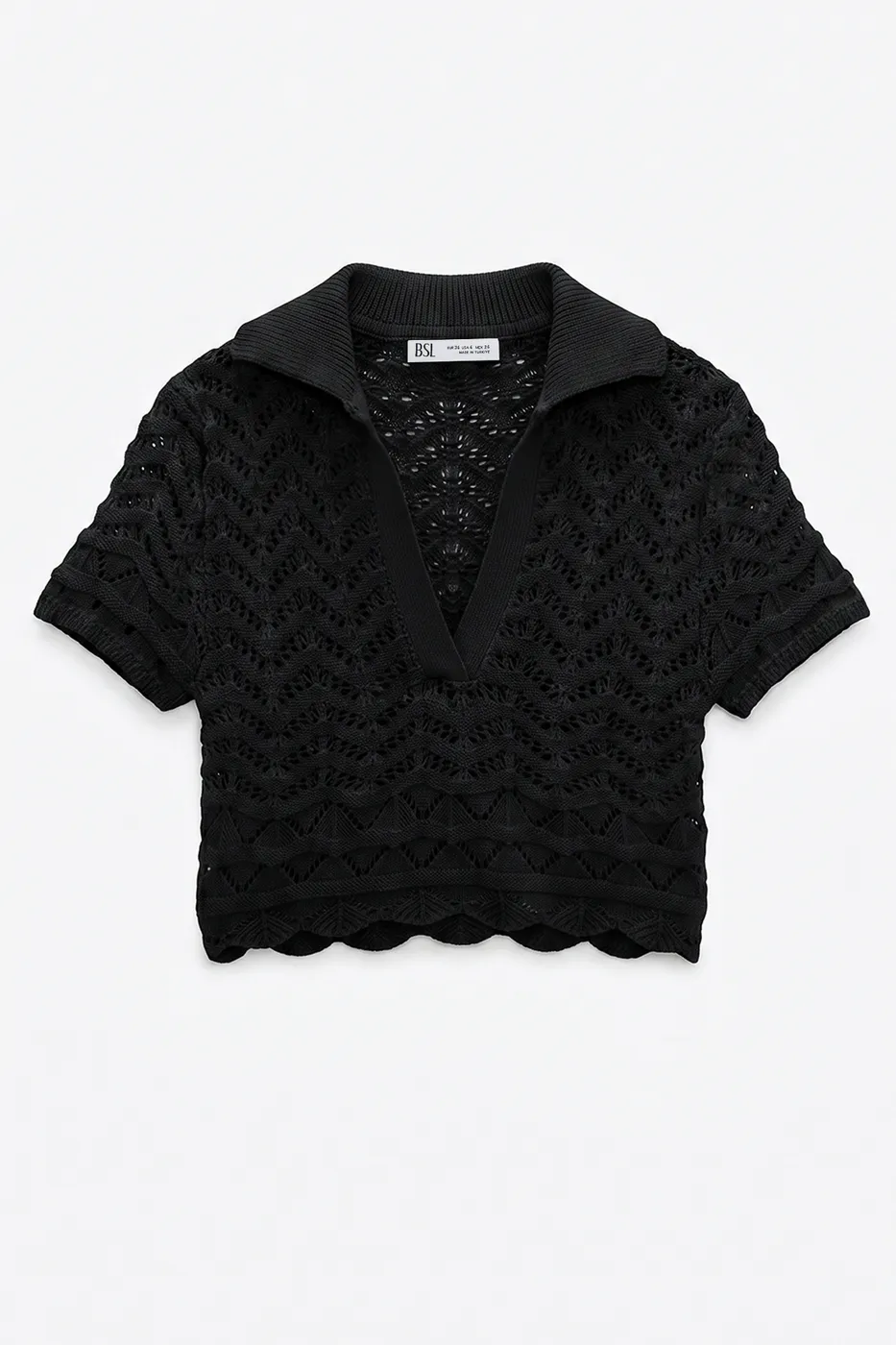 Bayan Siyah Ajur Örgü Polo Yakalı Crop Bluz