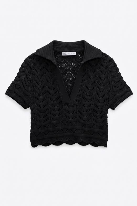 Bayan  Ajur Örgü Polo Yakalı Crop Bluz
