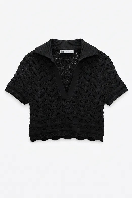 Bayan Siyah Ajur Örgü Polo Yakalı Crop Bluz - BSL