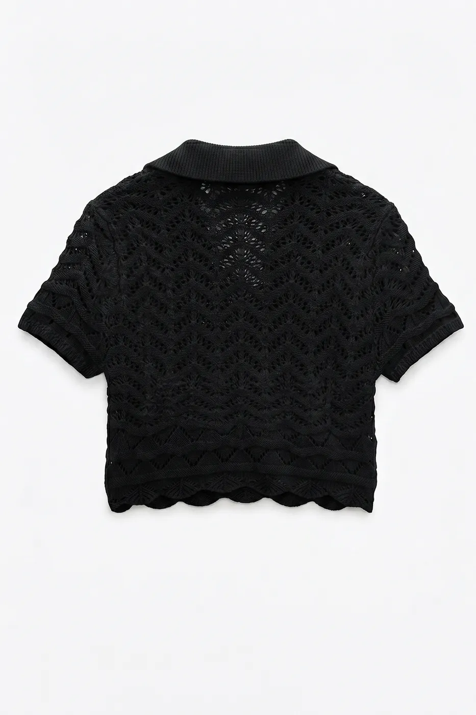 Bayan Siyah Ajur Örgü Polo Yakalı Crop Bluz