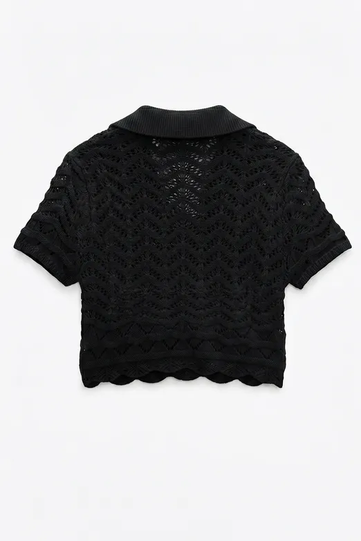 Bayan Siyah Ajur Örgü Polo Yakalı Crop Bluz - BSL