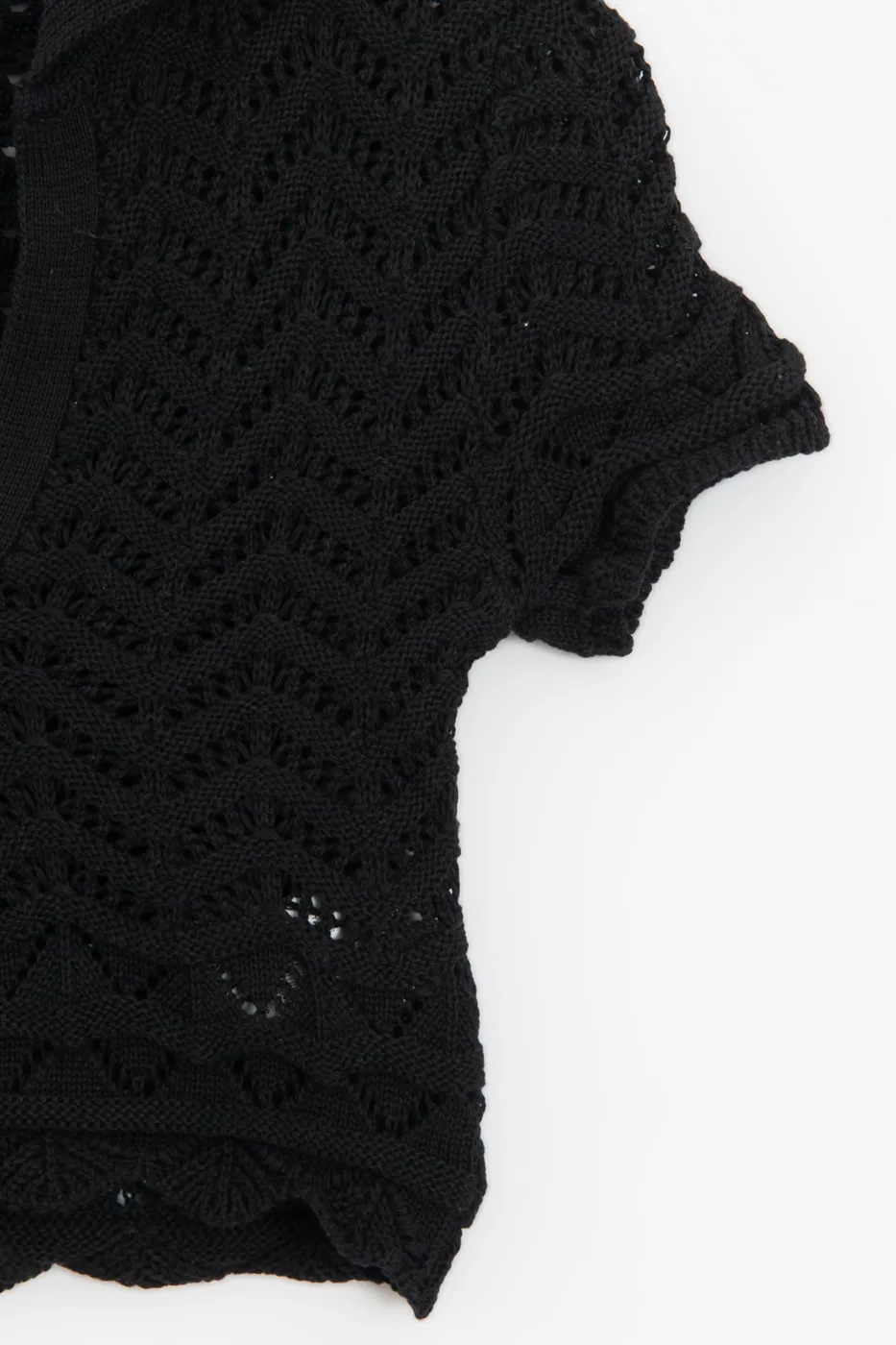 Bayan Siyah Ajur Örgü Polo Yakalı Crop Bluz