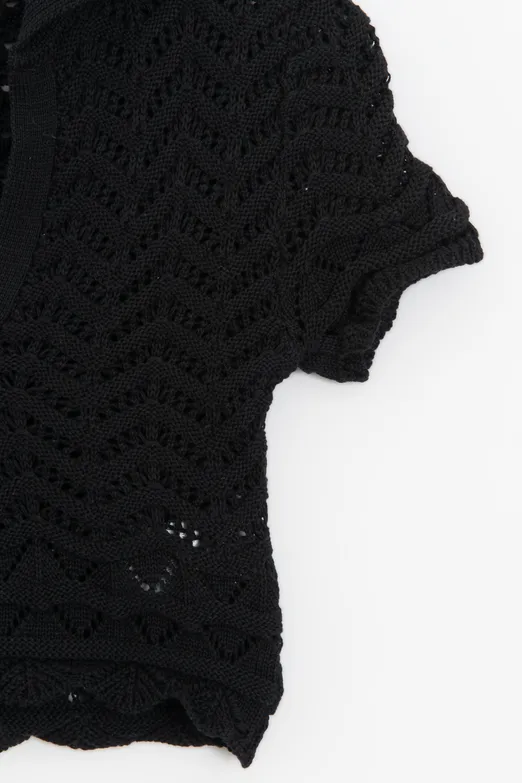Bayan Siyah Ajur Örgü Polo Yakalı Crop Bluz - BSL