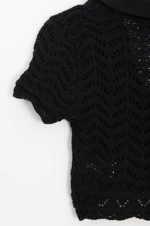 Bayan Siyah Ajur Örgü Polo Yakalı Crop Bluz - BSL