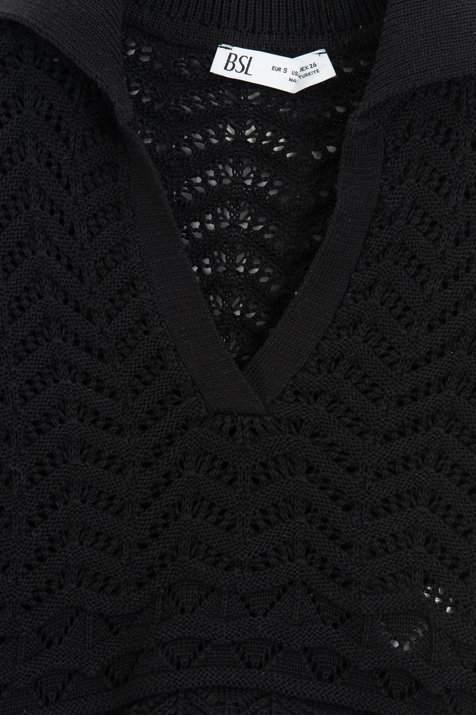 Bayan Siyah Ajur Örgü Polo Yakalı Crop Bluz