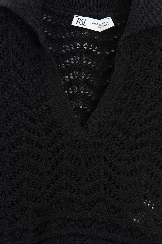 Bayan Siyah Ajur Örgü Polo Yakalı Crop Bluz - BSL