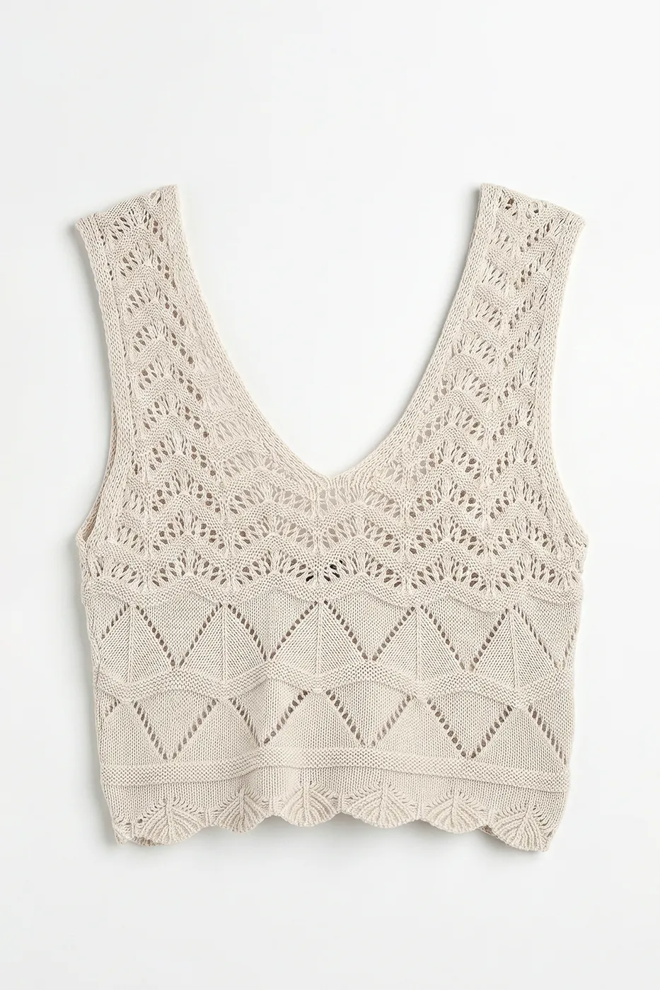 Bayan Bej Örgü V Yakalı Ajurlu Crop Top