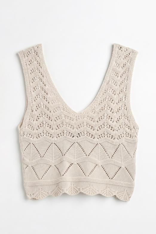 Örgü V Yakalı Ajurlu Crop Top