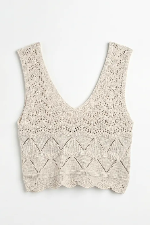 Bayan Bej Örgü V Yakalı Ajurlu Crop Top - BSL