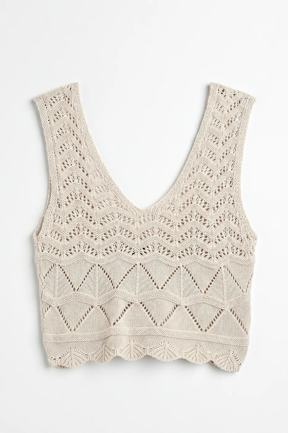 Bayan Bej Örgü V Yakalı Ajurlu Crop Top