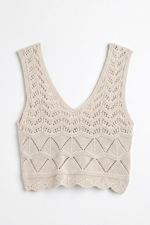 Örgü V Yakalı Ajurlu Crop Top