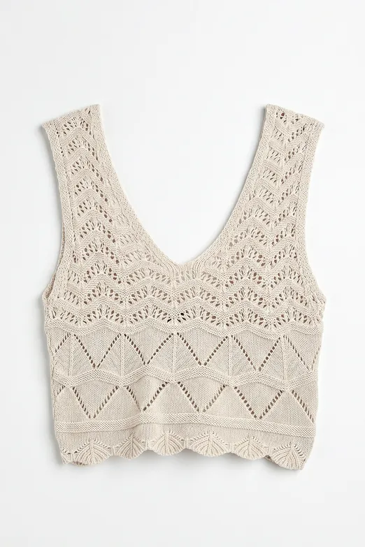 Bayan Bej Örgü V Yakalı Ajurlu Crop Top - BSL