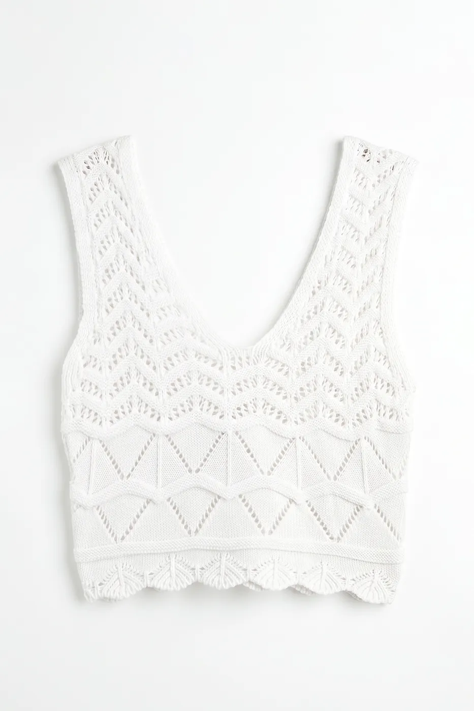Bayan Beyaz Örgü V Yakalı Ajurlu Crop Top