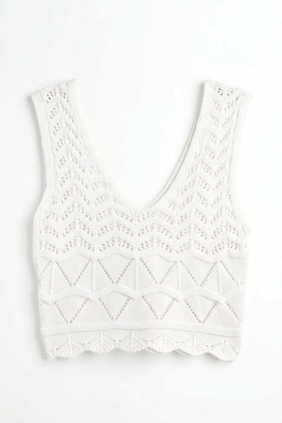 Bayan Beyaz Örgü V Yakalı Ajurlu Crop Top