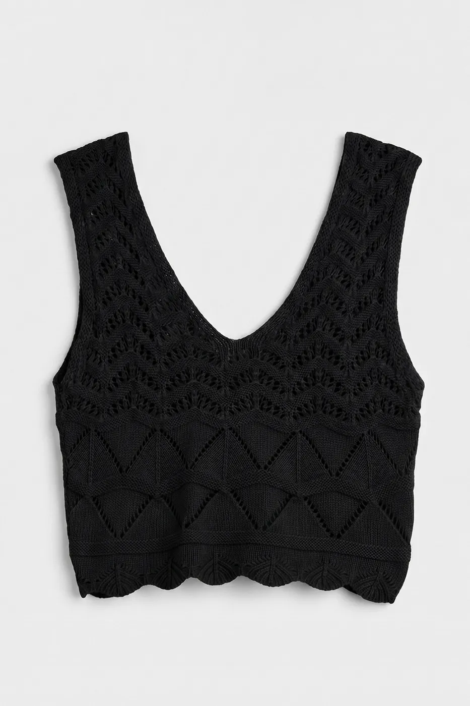 Bayan Siyah Örgü V Yakalı Ajurlu Crop Top