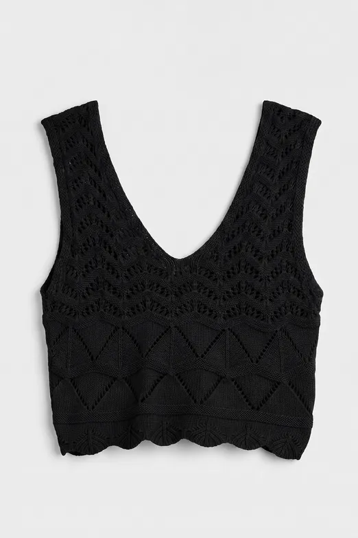 Bayan Siyah Örgü V Yakalı Ajurlu Crop Top - BSL