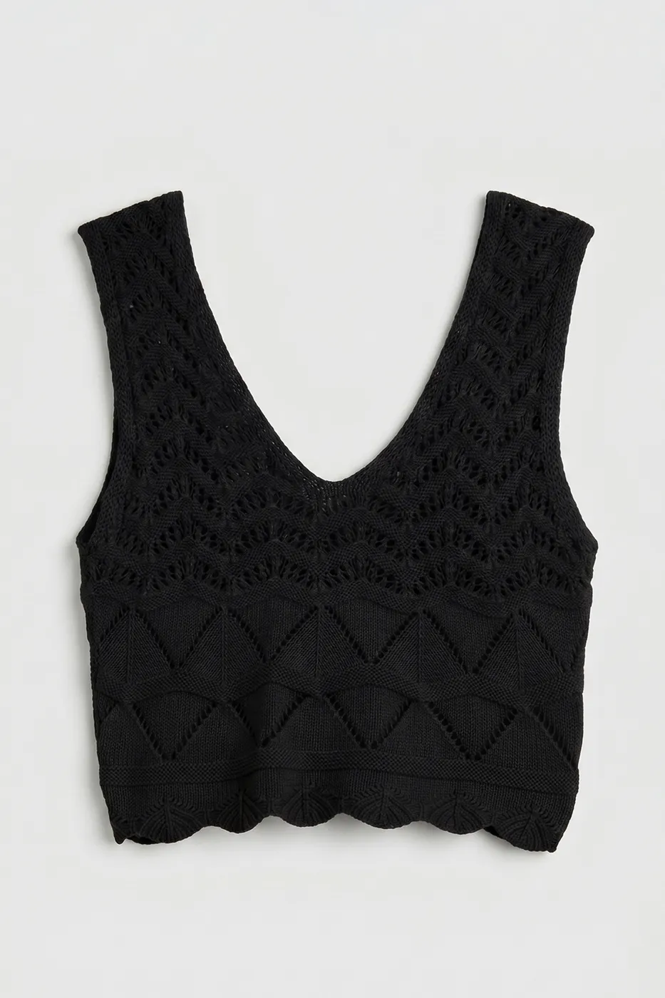 Bayan Siyah Örgü V Yakalı Ajurlu Crop Top