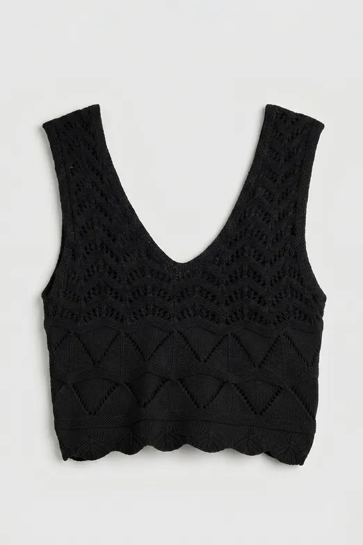 Bayan Siyah Örgü V Yakalı Ajurlu Crop Top - BSL