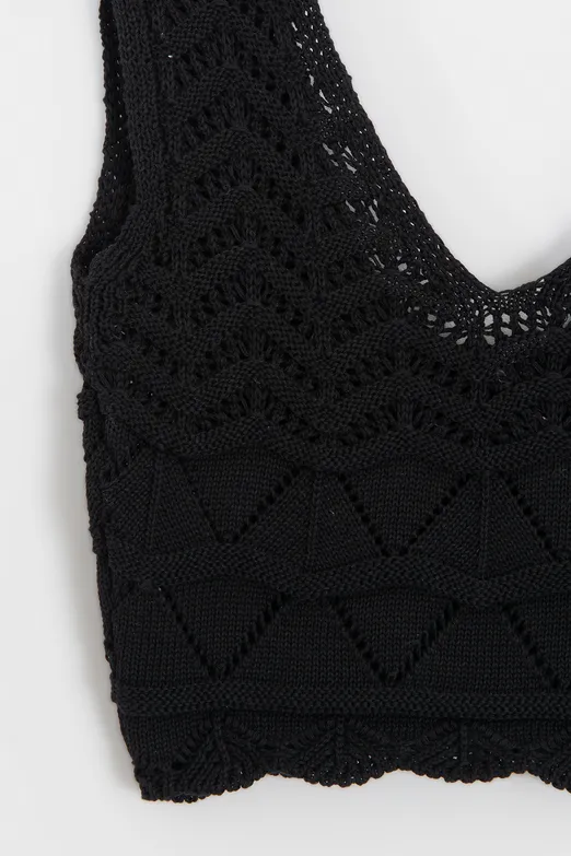Bayan Siyah Örgü V Yakalı Ajurlu Crop Top - BSL