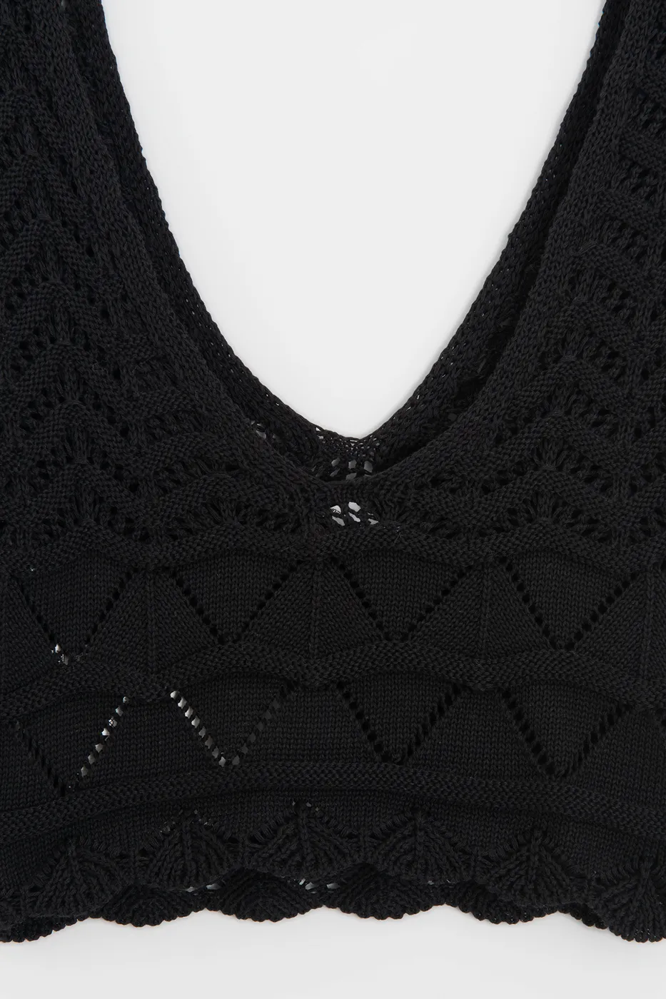 Bayan Siyah Örgü V Yakalı Ajurlu Crop Top