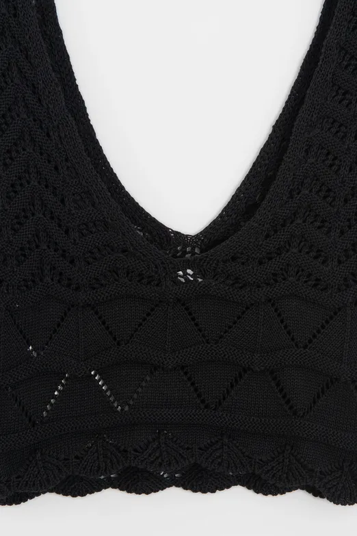 Bayan Siyah Örgü V Yakalı Ajurlu Crop Top - BSL