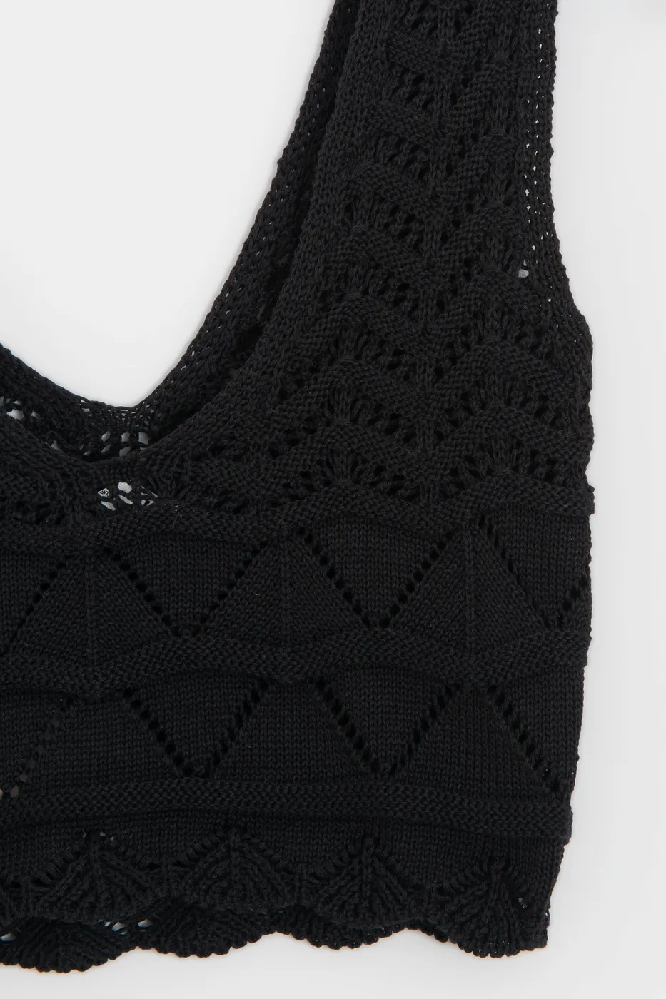 Bayan Siyah Örgü V Yakalı Ajurlu Crop Top