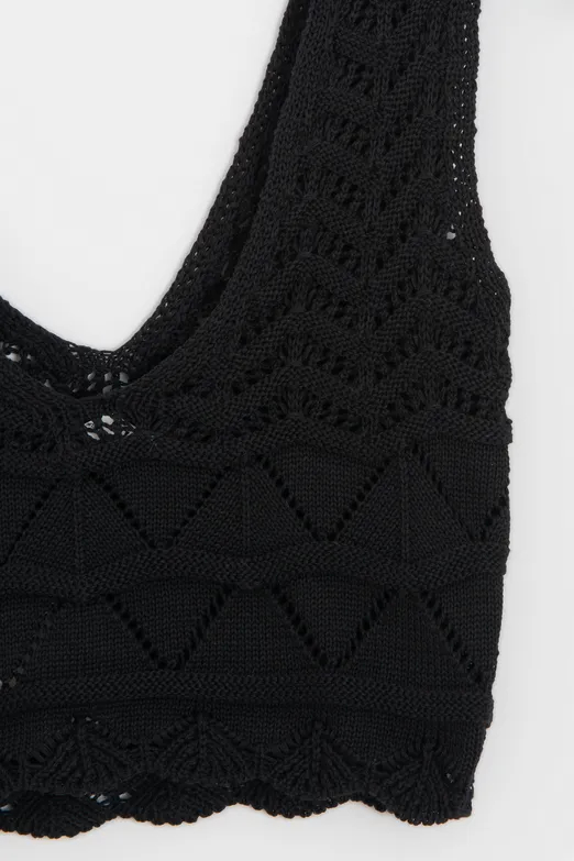 Bayan Siyah Örgü V Yakalı Ajurlu Crop Top - BSL
