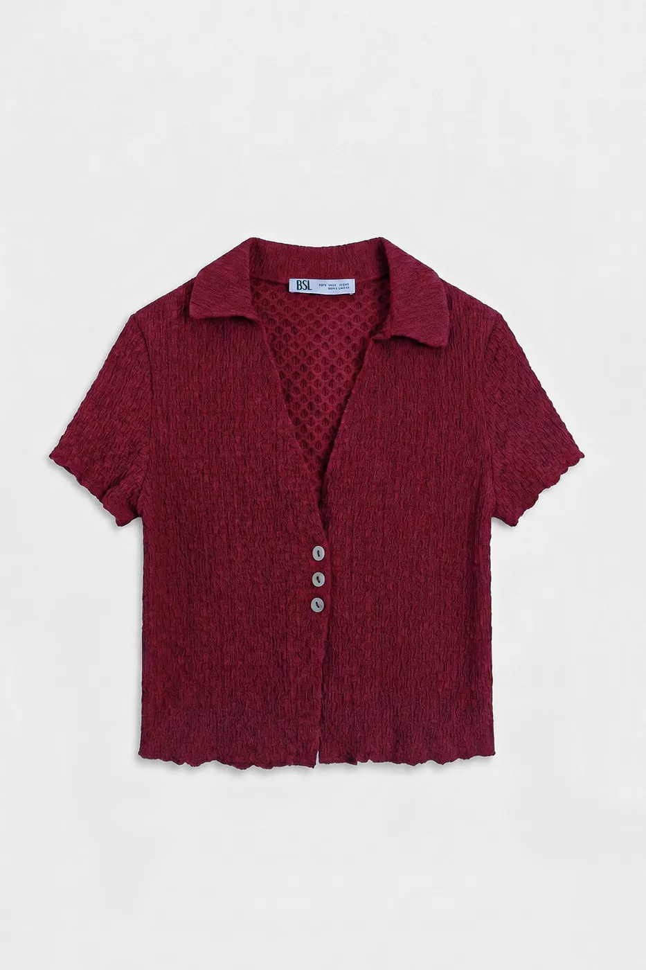 Bayan Bordo Polo Yakalı Dokulu Bluz