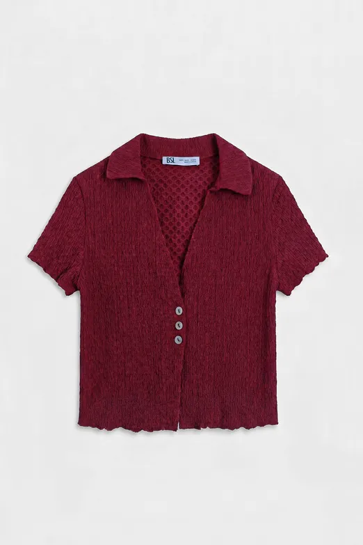 Bayan Bordo Polo Yakalı Dokulu Bluz - BSL