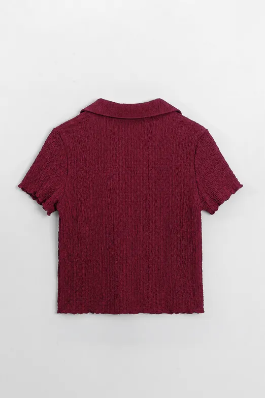 Bayan Bordo Polo Yakalı Dokulu Bluz - BSL