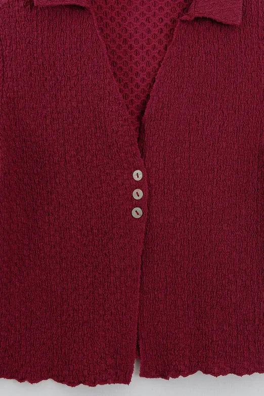 Bayan Bordo Polo Yakalı Dokulu Bluz - BSL