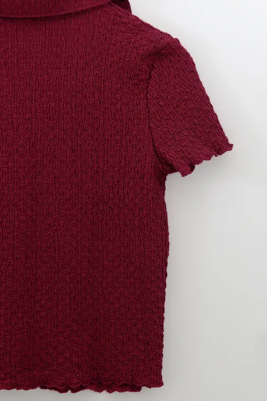 Bayan Bordo Polo Yakalı Dokulu Bluz - BSL